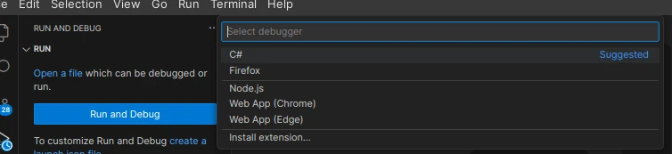 Command Pallette showing debugger options
